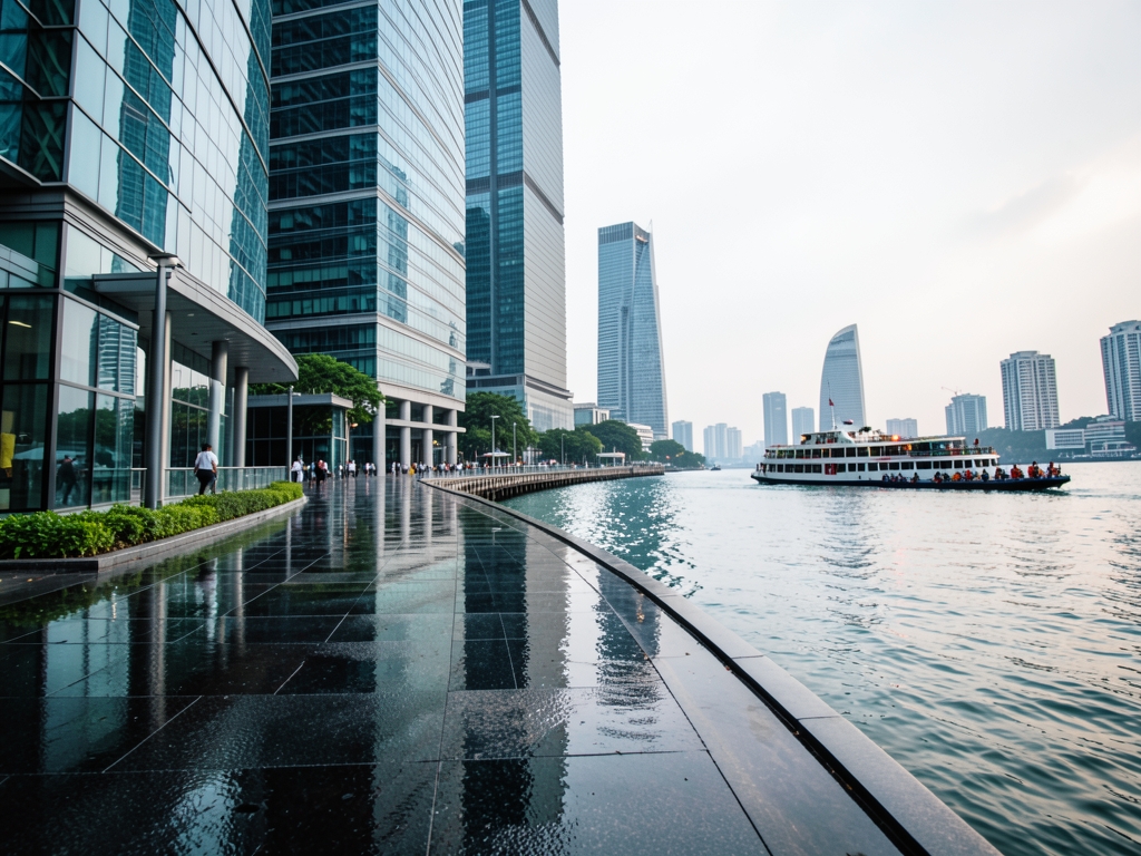 Rain slick walkway through Singapore s glass financial district beneath