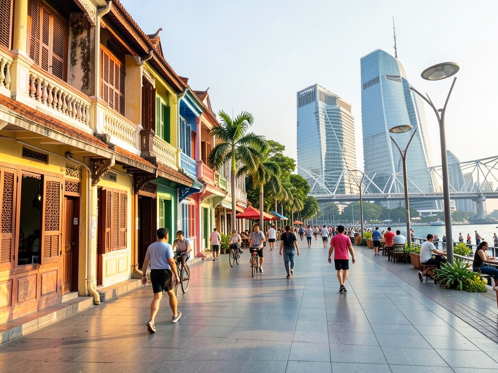 Sunlit Singapore promenade linking traditional shophouse district futuristic
