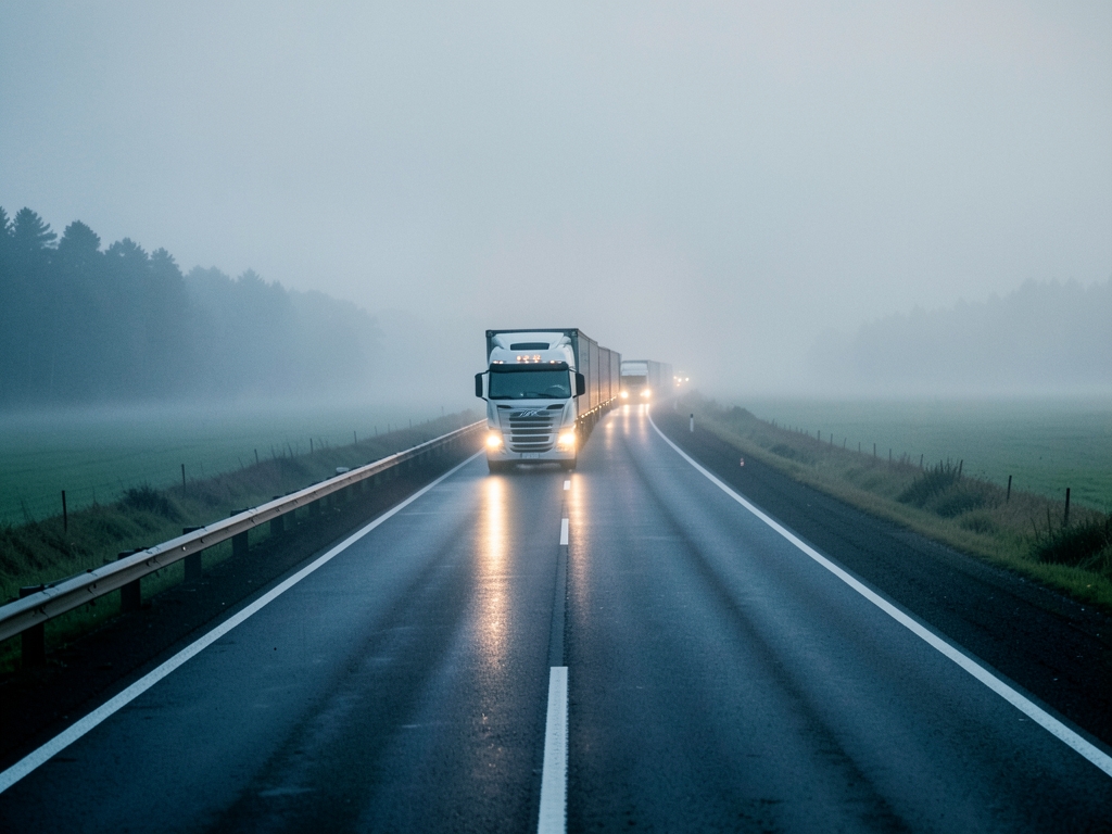 fog drenched highway dawn with long freight convoy receding