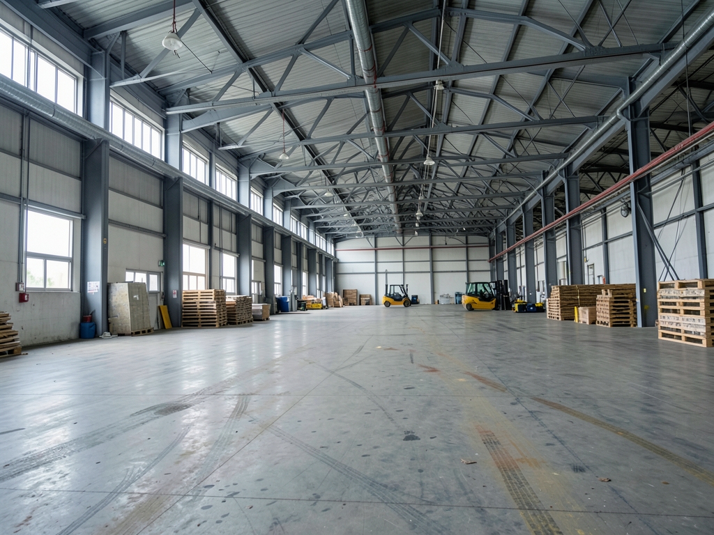 vast logistics warehouse with concrete floors steel trusses