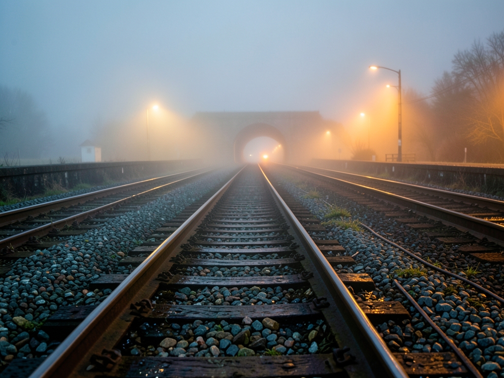 vast fogbound railway junction with parallel metal tracks