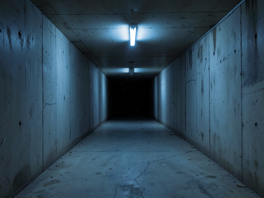 long empty concrete corridor where single fluorescent tube