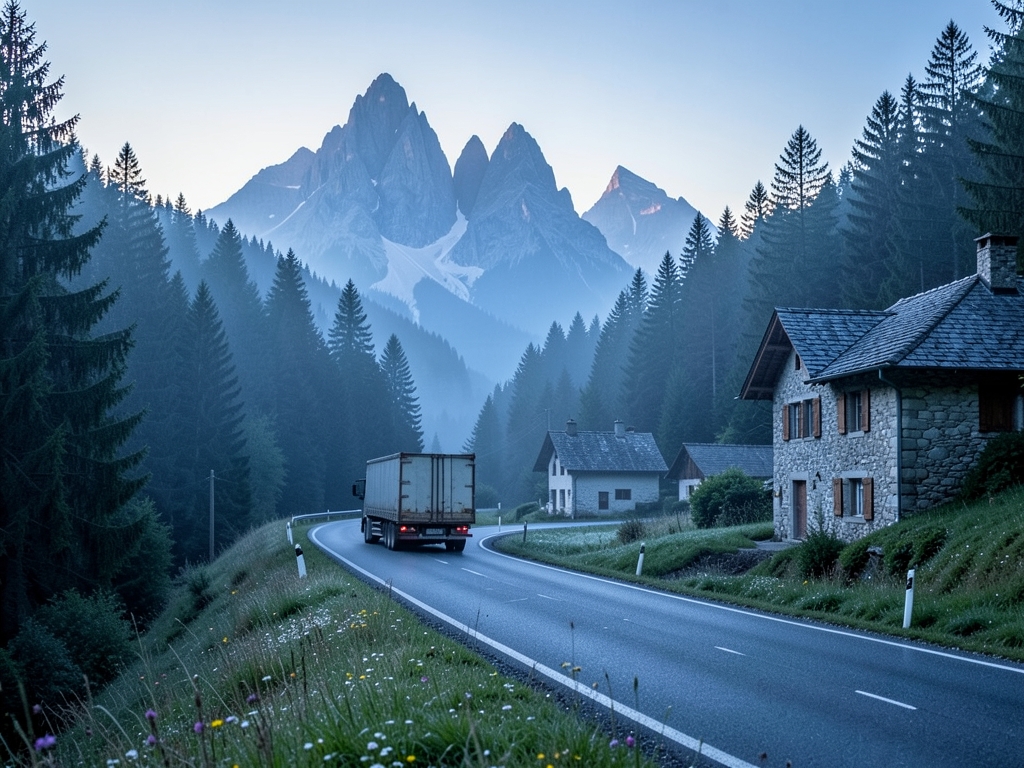 quiet rural highway winding through Julian Alps dawn