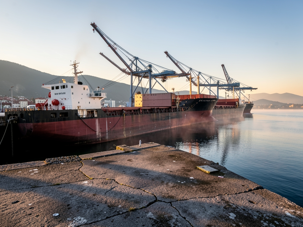 bustling Slovenian port golden hour cargo ships lined