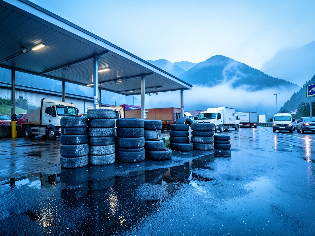 rain slicked Slovenian highway depot dawn stacks worn truck