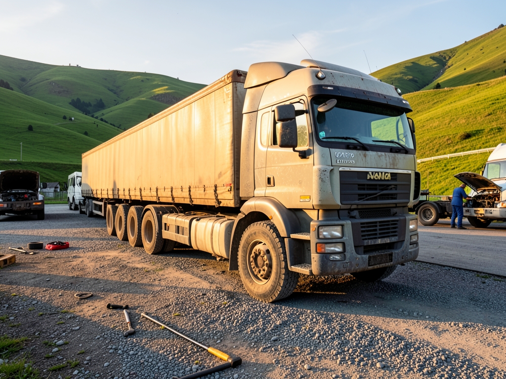 long haul truck parked rural Slovenian service yard late