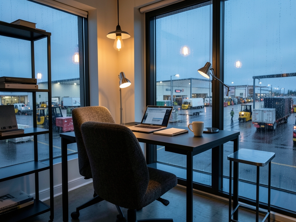 compact modern workspace with steel accents warm pendant