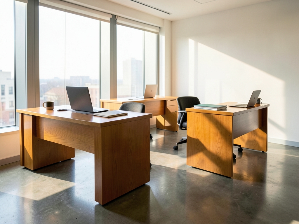 small sunlit office with polished concrete floors warm