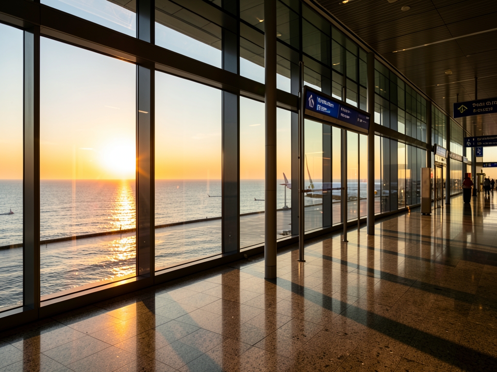 Sunset light glows through sleek glass panels modern