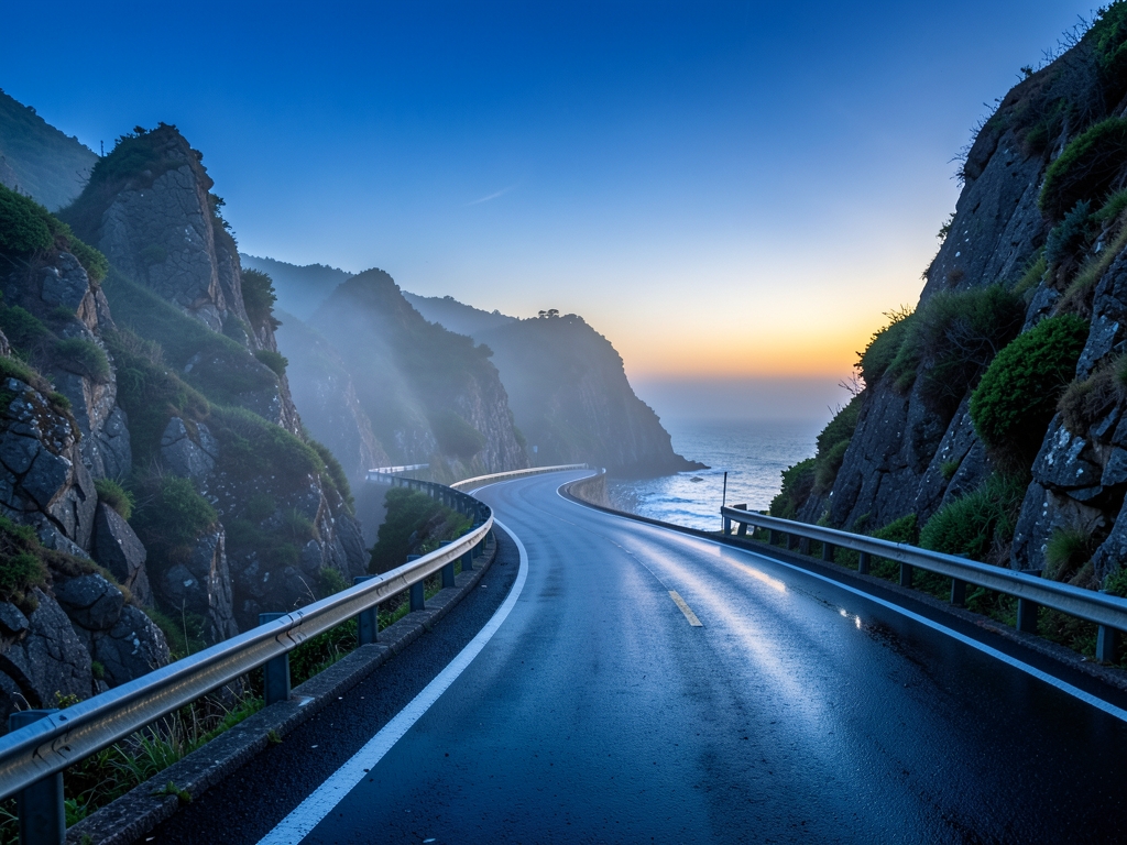 misty coastal highway curves along rugged cliffs under