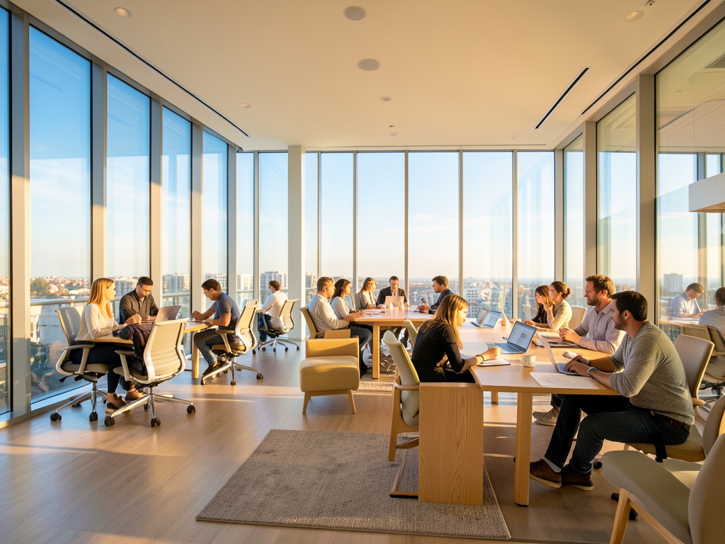 Bright modern office lounge with glass walls light