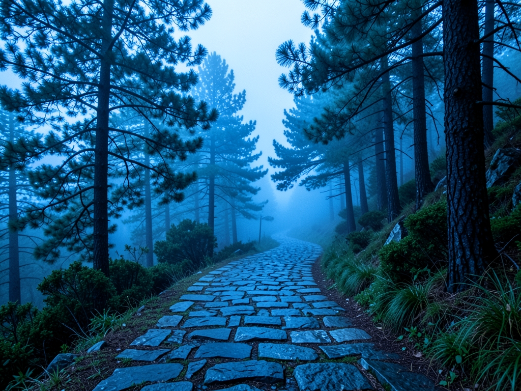 Winding mountain trail dividing through pine forest soft