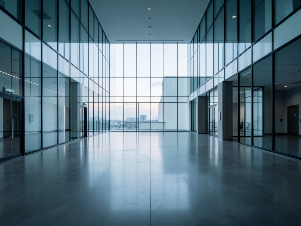 vast glass walled corporate lobby dawn pale gray light