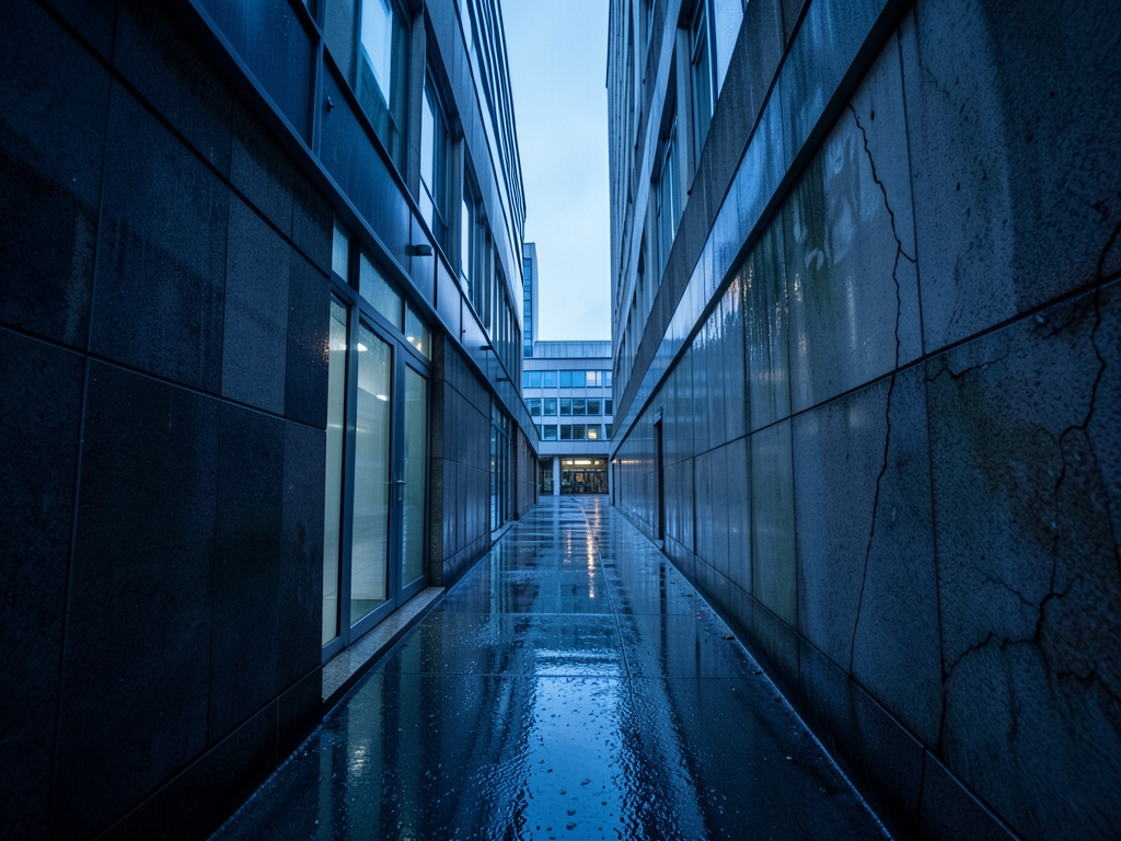 narrow rain slicked corridor towering office building twilight diffused