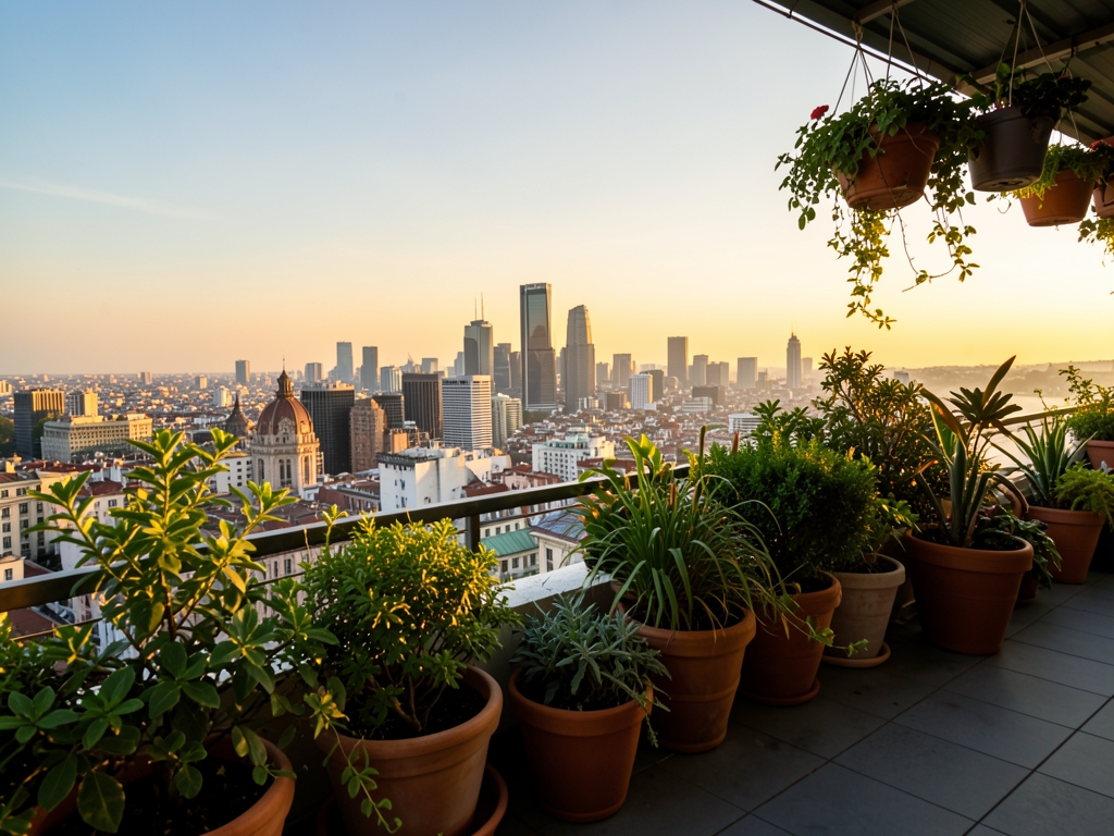 Rooftop terrace overlooking city skyline golden hour with