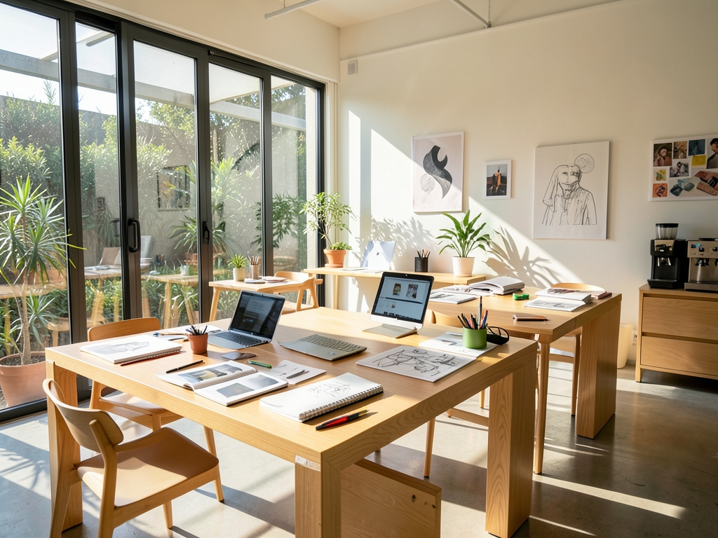 Sunlit modern creative studio with glass walls wooden