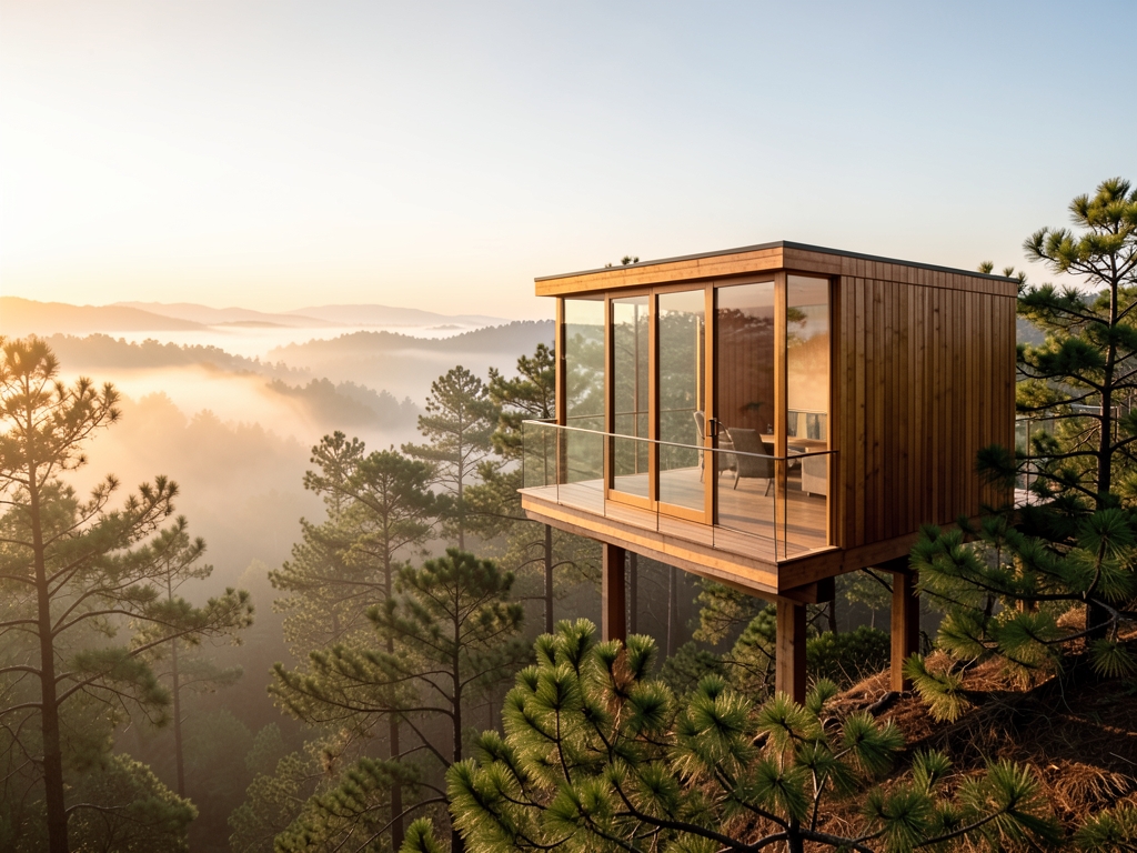 Minimalist glass cedar pavilion above misty pine valley