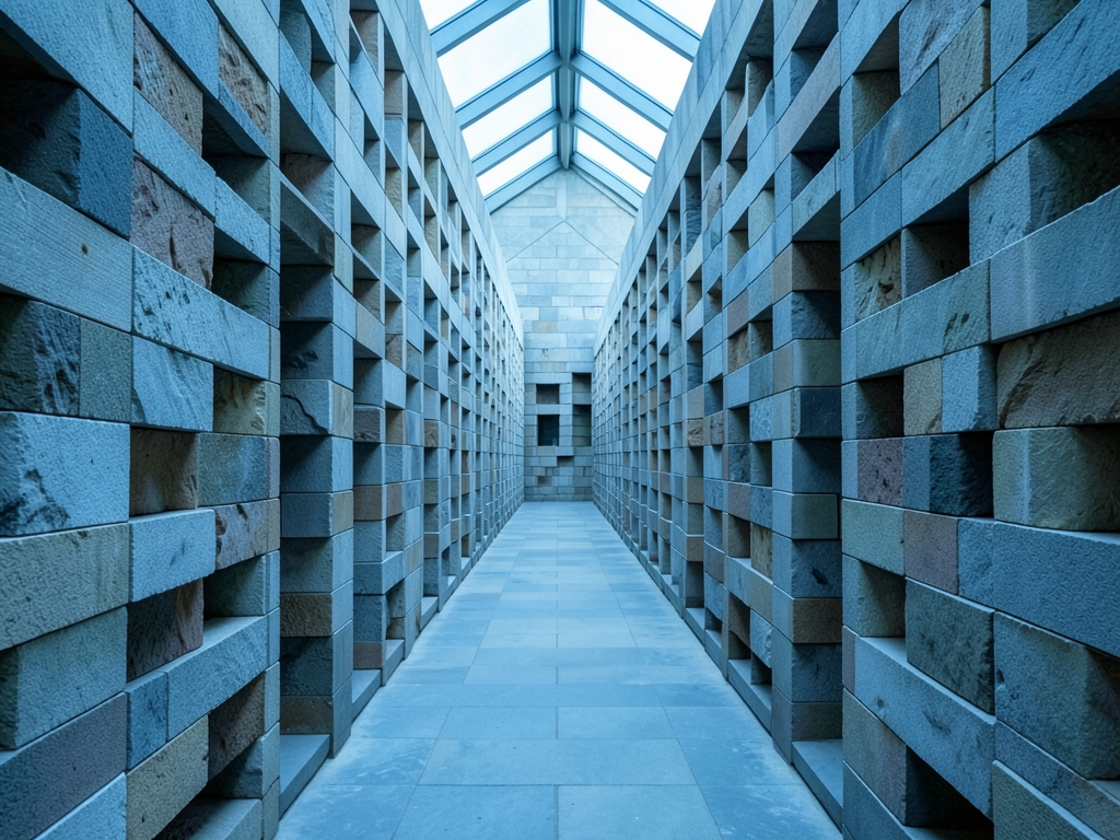 Endless modular stone archive hall with cool daylight