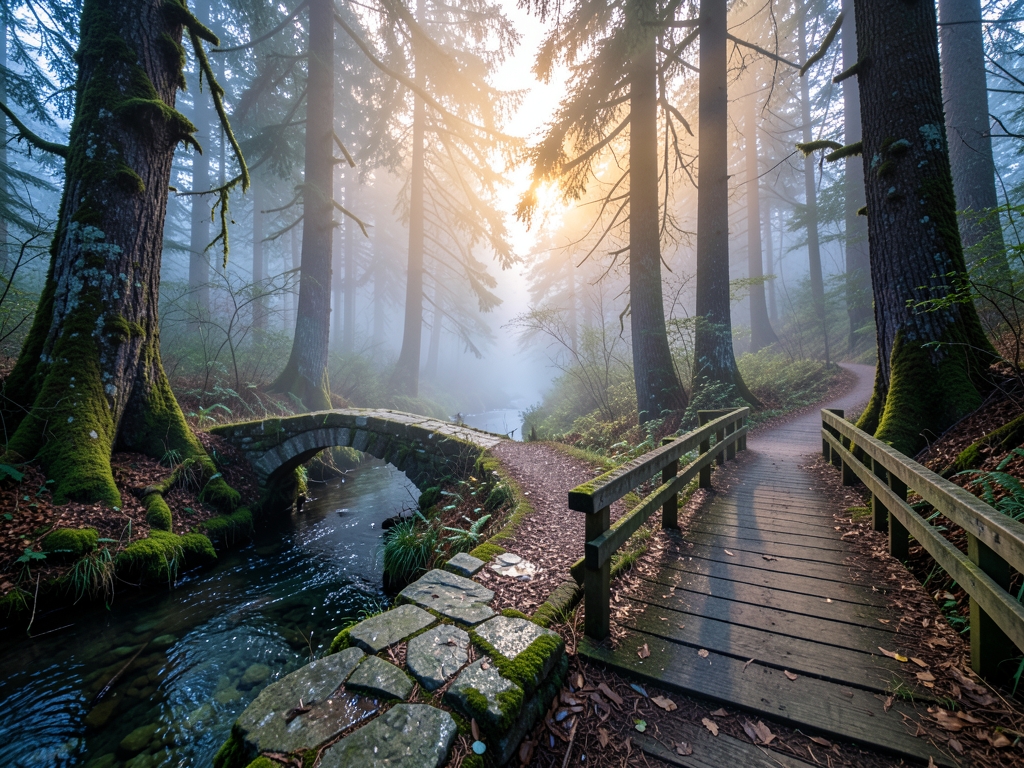 Misty forest trail splitting into paths sunrise with
