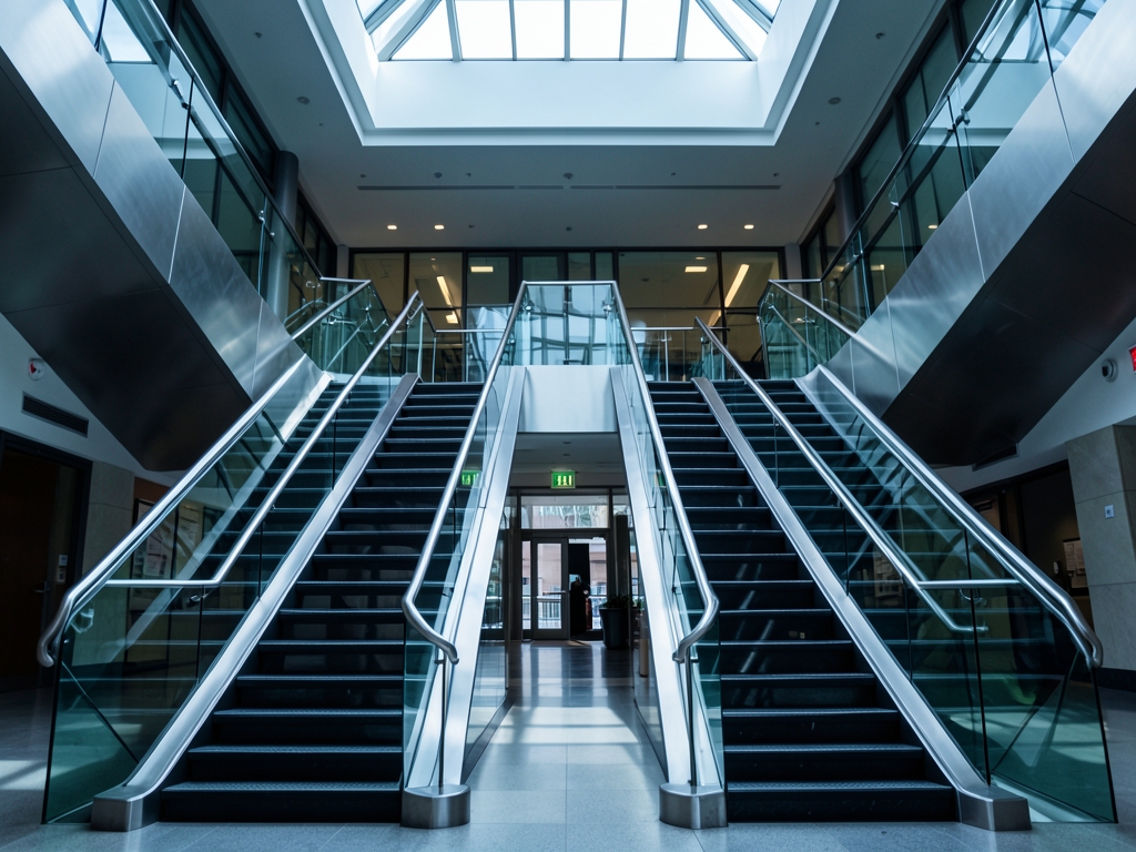 Modern courthouse atrium with diverging staircases glass brushed