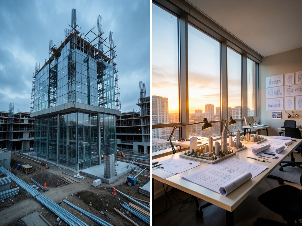 wide angle view modern glass and steel construction site dawn under
