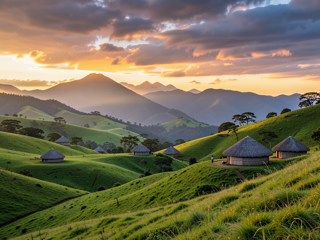 Rolling green hills KwaZulu Natal with traditional round thatched