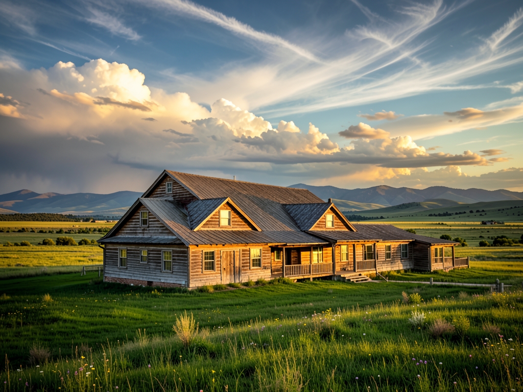 Golden hour light illuminates sprawling South Dakota ranch