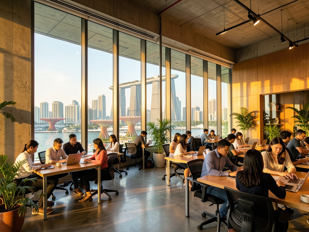 bustling co working space Singapore with floor to ceiling windows overlooking