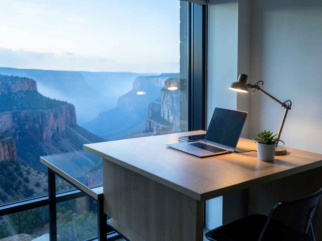 Modern minimalist workspace bathed cool morning light features