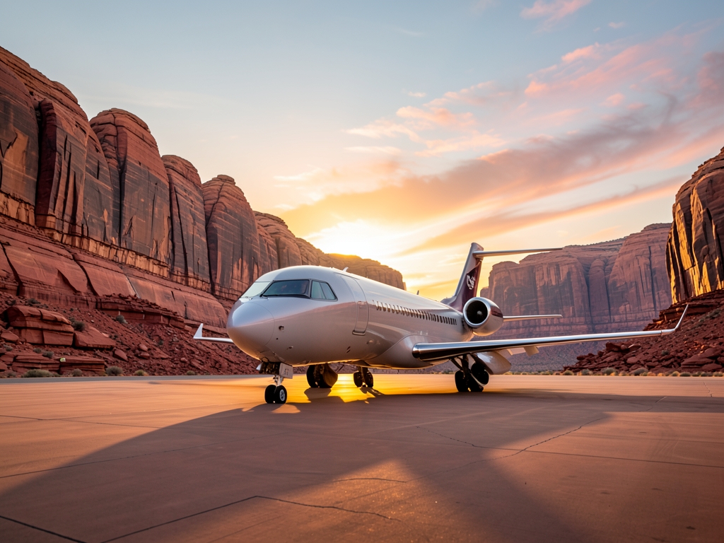 Warm desert sunset illuminates sleek commercial parked tarmac