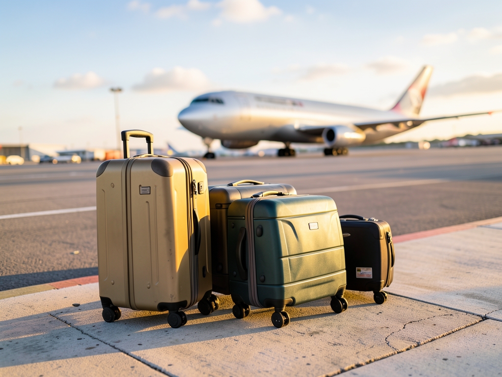 Sunlit airport curb with rolling suitcases pale concrete