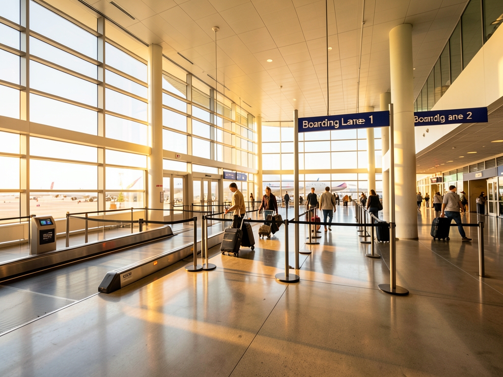 Wide view sunlit airport terminal with floor to ceiling windows