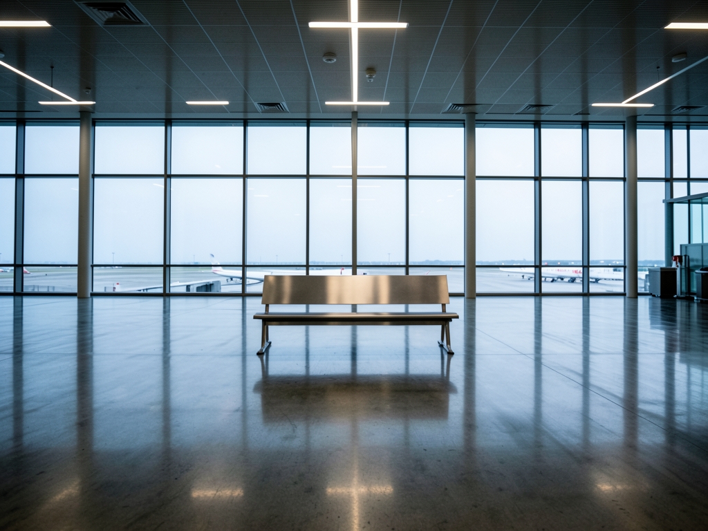 vast empty airport terminal concourse dawn polished concrete