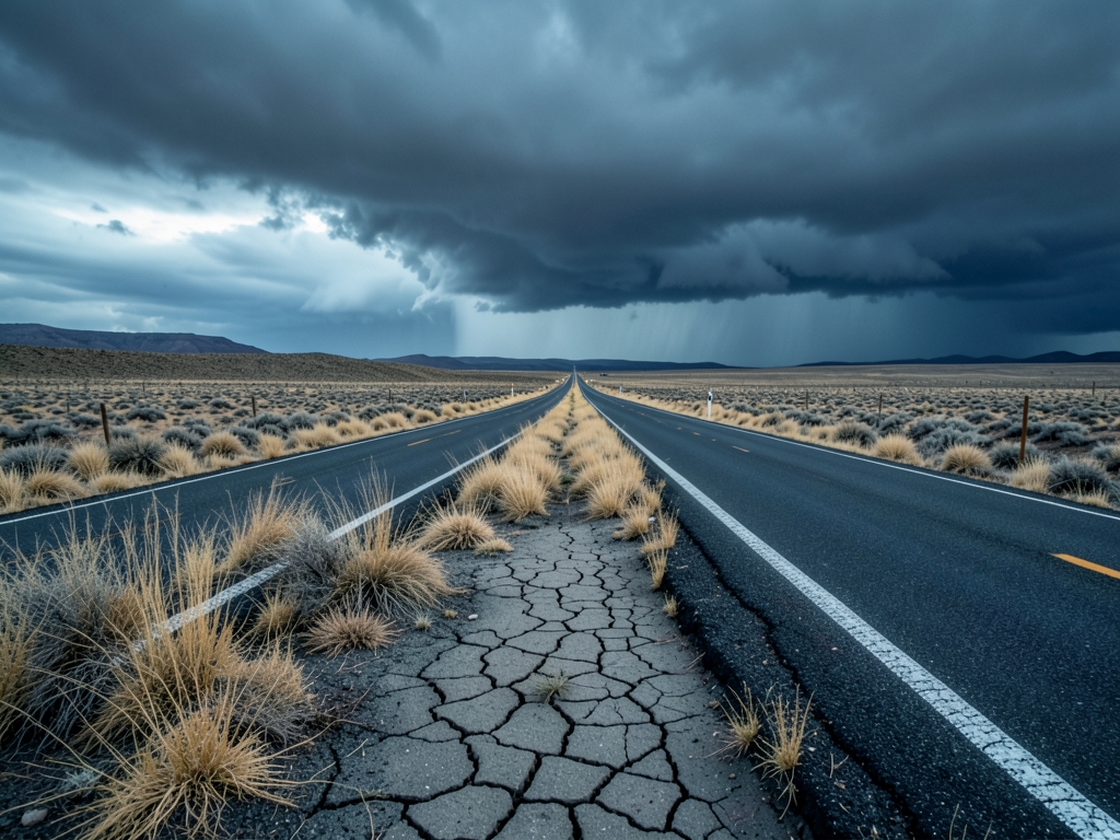 windswept desert highway splitting into diverging asphalt paths