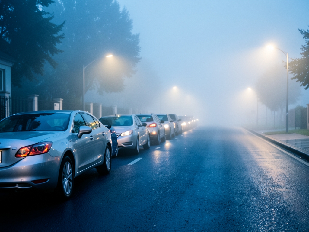 Misty twilight street scene where rows parked cars