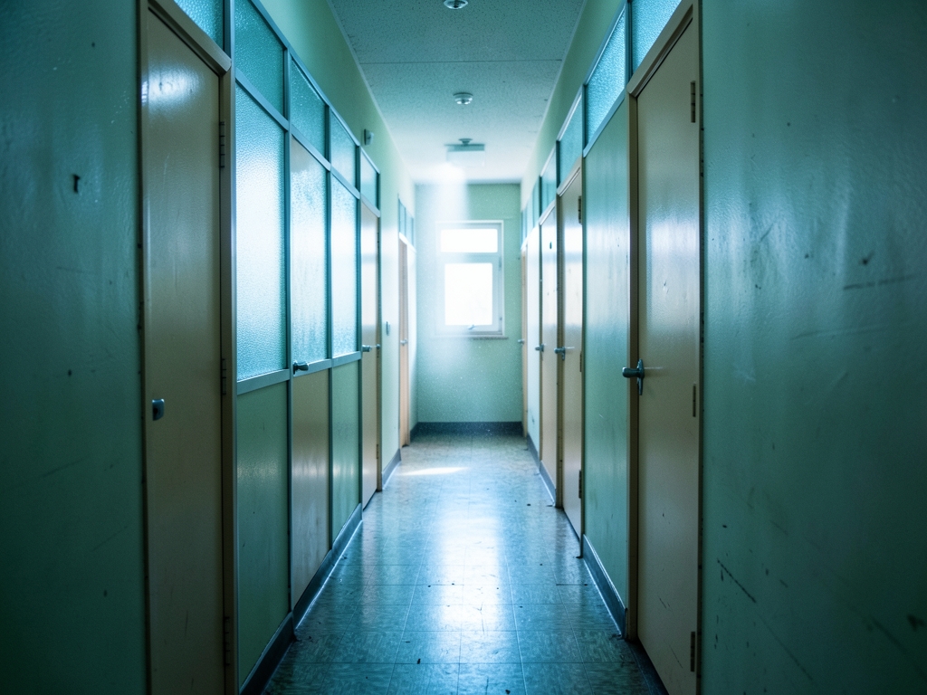 Narrow older hospital corridor branching between frosted glass partitions
