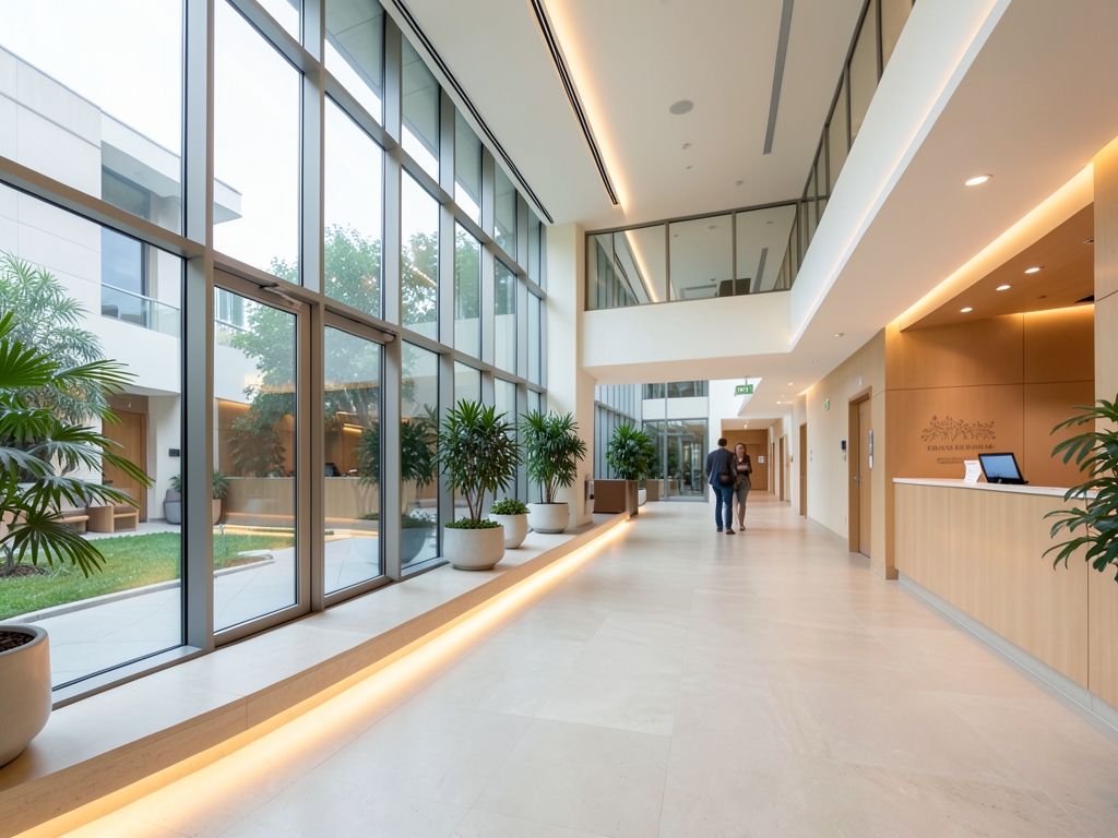 Modern specialty care clinic atrium with glass walls pale