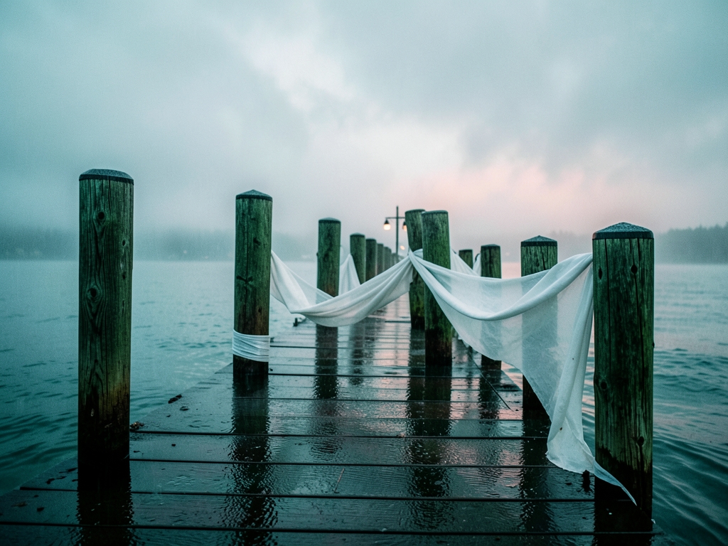 rain soaked Vancouver pier dusk with white linen draped