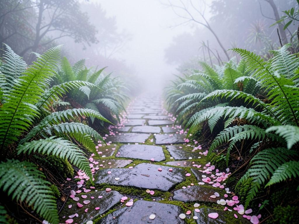 misty Vancouver garden path lined with ferns scattered