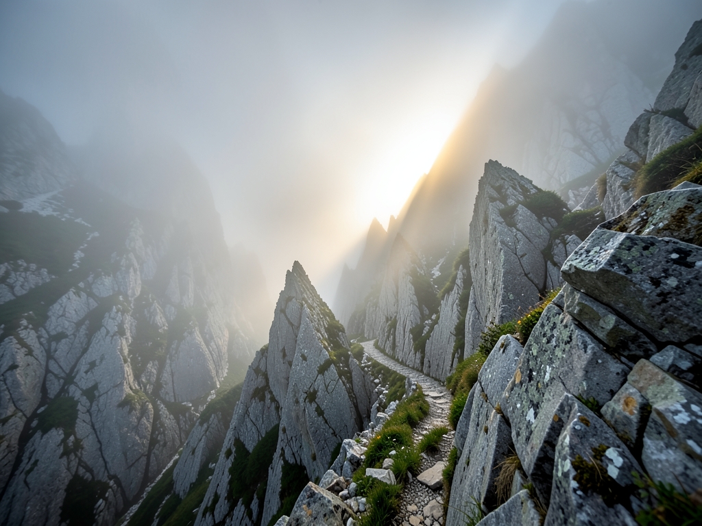 foggy misty mountain pass with narrow winding path