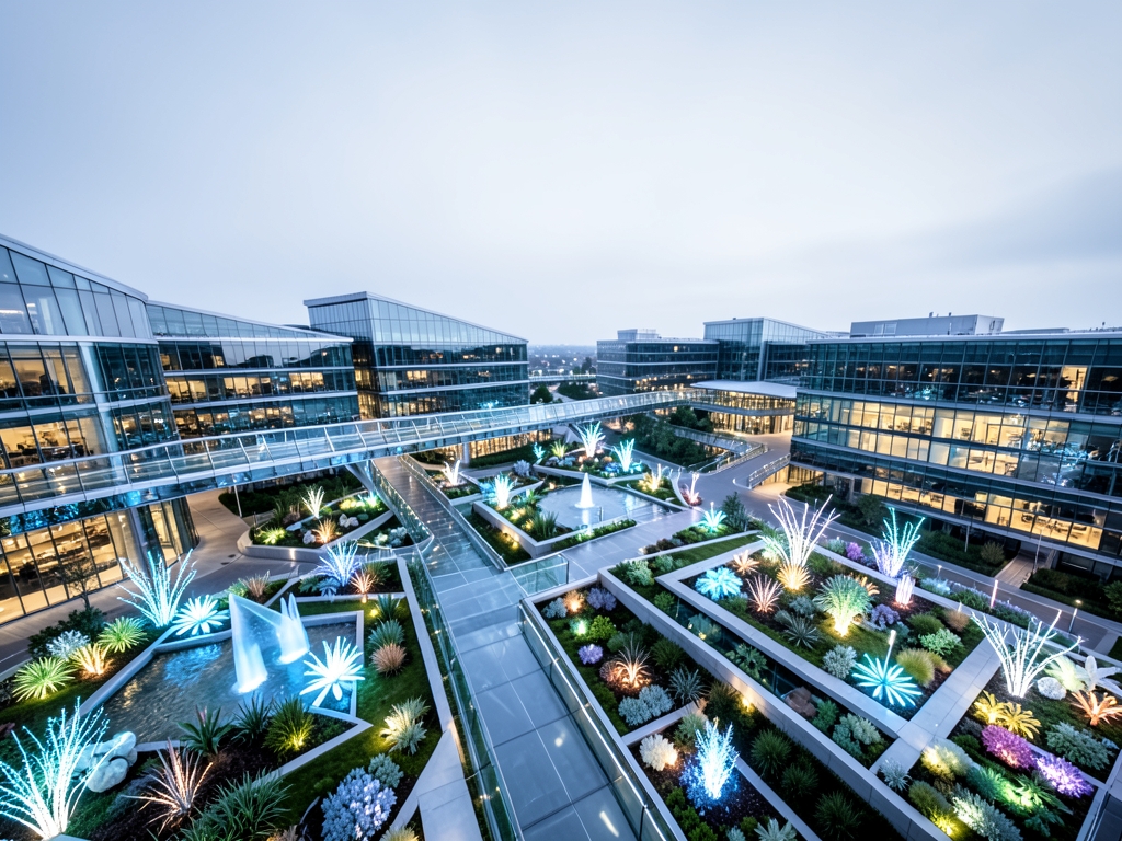 vast futuristic research campus under pale silver sky