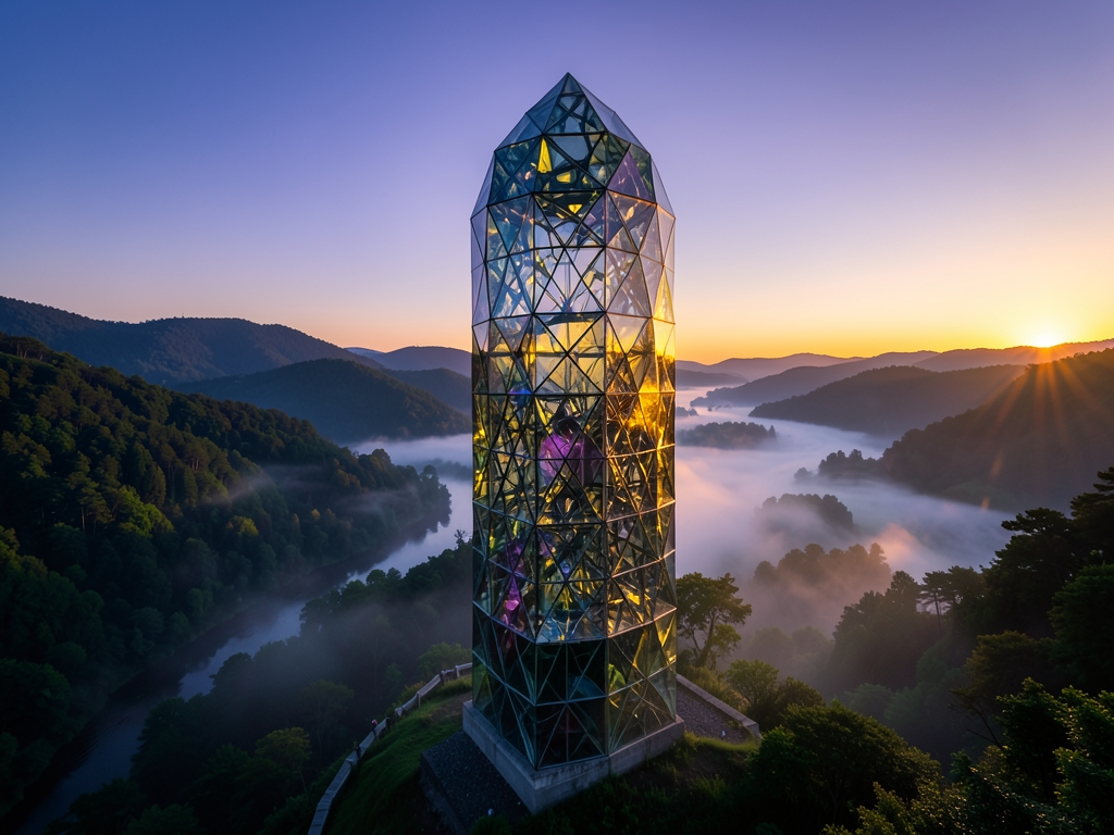 towering crystalline observatory dusk faceted glass walls refracting