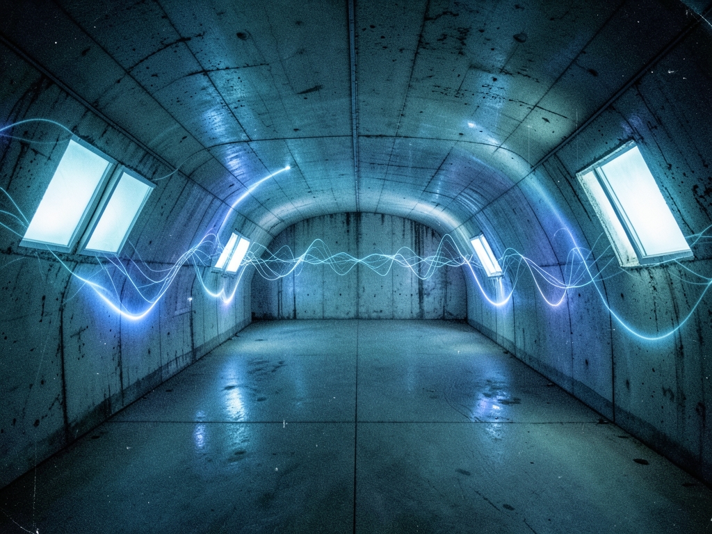 vast underground concrete vault shifting blue white pulses behind
