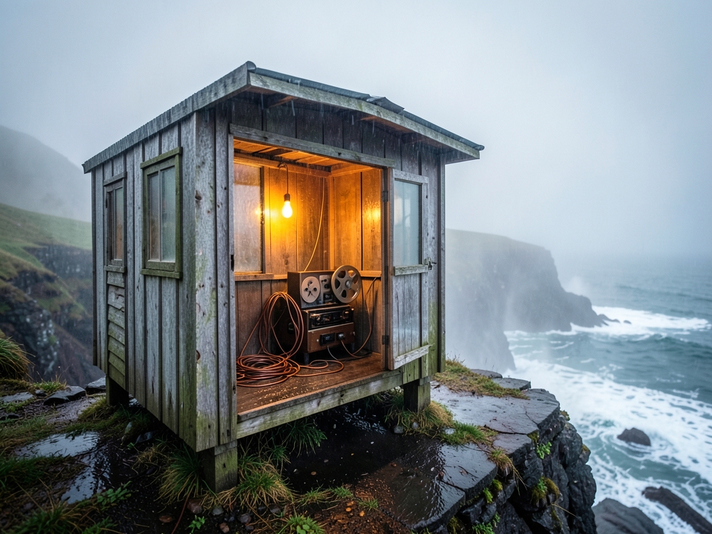 rain soaked wooden field recording shack perched remote coastal