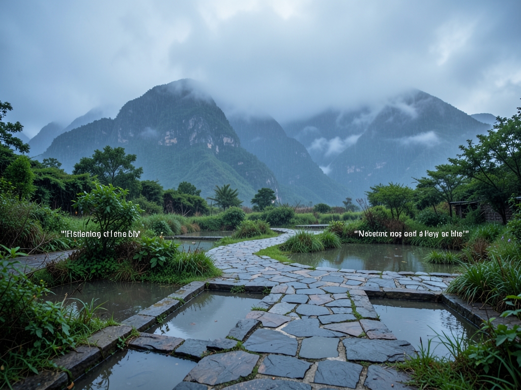 Rain dark mountains beyond unmarked fieldstone courtyard with shallow