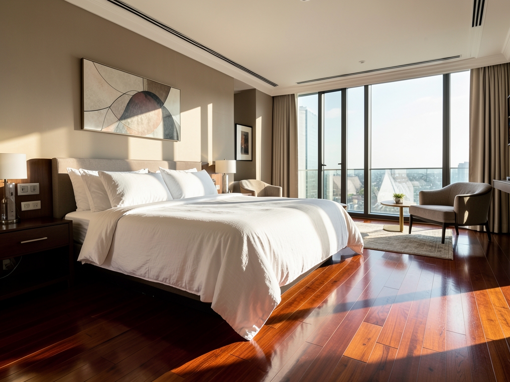Sunlight streams through floor to ceiling windows onto pristine white