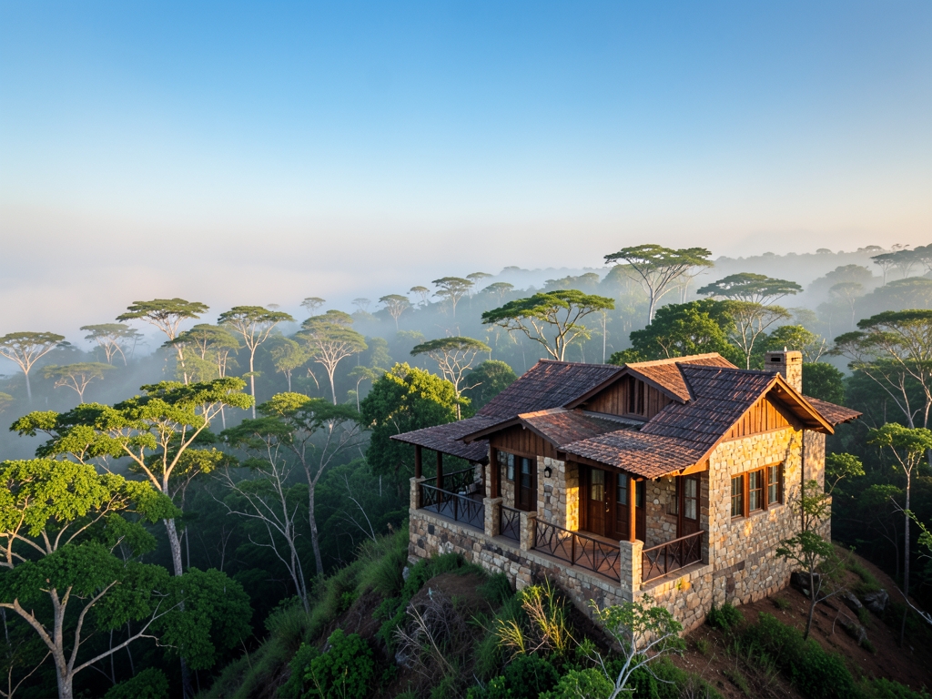 Sun drenched stone timber lodge perched misty Ugandan ridge