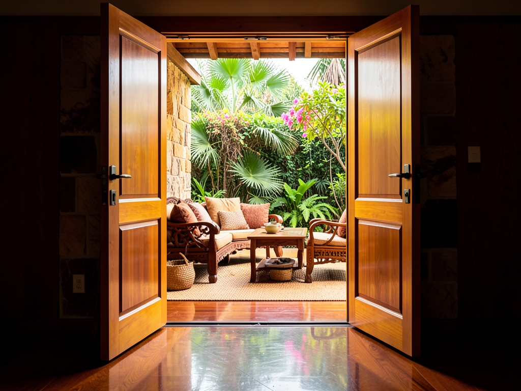 Warm interior glow spilling from open wooden doors