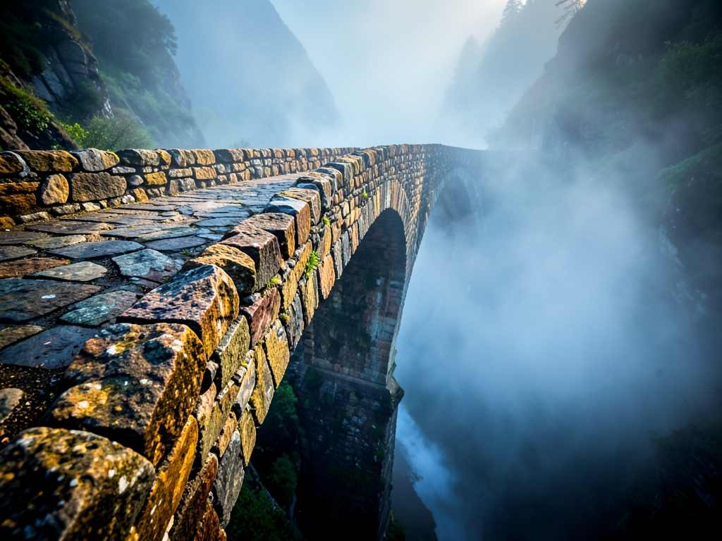 Prompt Place narrow stone bridge misty ravine Light