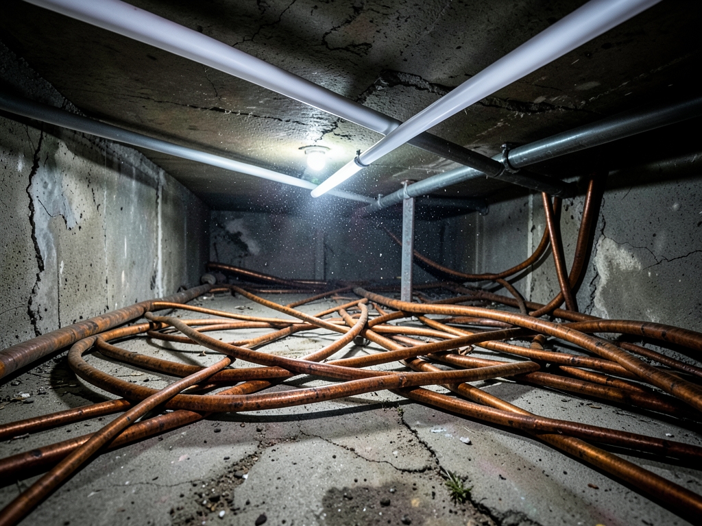 aged broadcast facility s crawlspace where thick aging copper